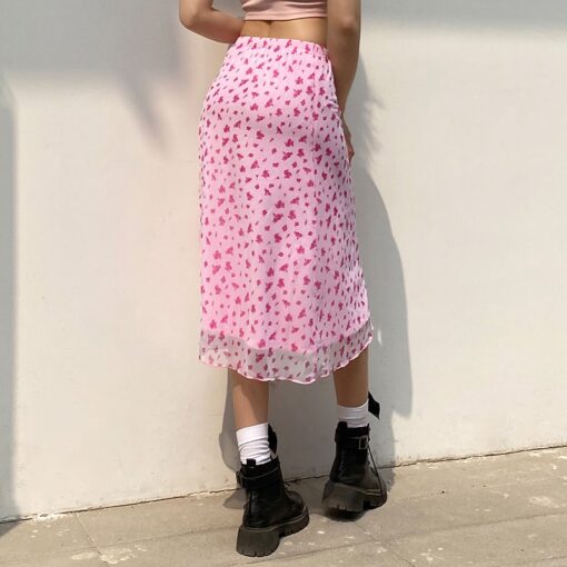 Soft Girl Floral Print High Waist Midi Skirt