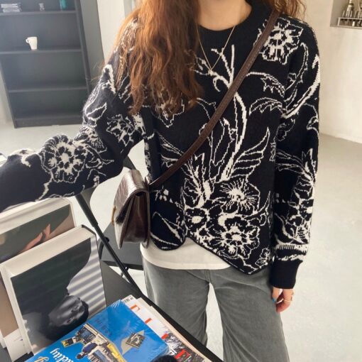 Retro O-Neck Knitwear Floral Printing Sweater