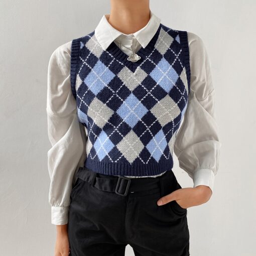 Soft Girl Vintage Argyle Plaid Knitted Crop Sweater