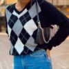 Soft Girl Vintage Knit Casual Argyle Plaid Sweater