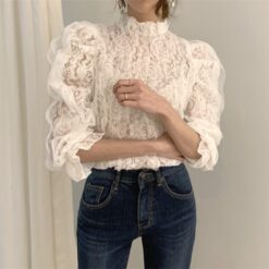 Mesh Lace Shirt Crochet Flower Stand Collar Blouse Shirt