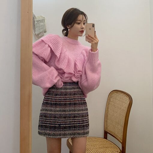 Soft Girl Solid Knitted Pleated Loose Sweater