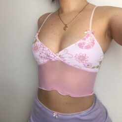 Floral Print Soft Girl Sexy Lace Mesh Cami Top