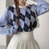 Soft Girl Argyle Preppy Style Casual Knitted Loose Sweater