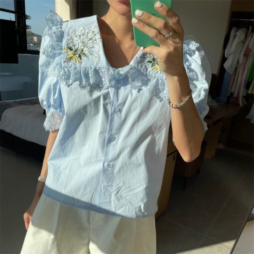 Elegant Floral Embroidery Retro Blouse Shirt