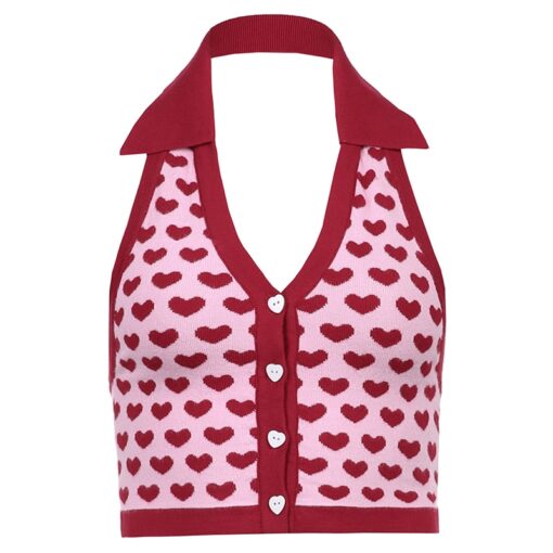 Heart Print Soft Girl Halter Knitted Crop Top