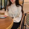 Elegant Lace Stand Collar Floral Embroidery Blouse Shirt