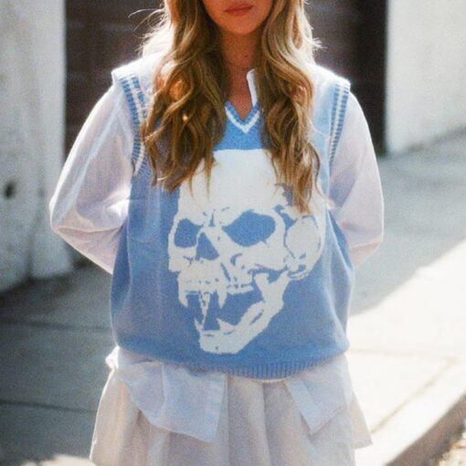 Soft Girl Skull Print Sleeveless Preppy Style Knitted Sweater (Many Colors)