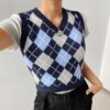 Soft Girl Vintage Argyle Plaid Knitted Crop Sweater