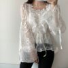 Lace Mesh Puff Long Sleeve Square Collar Blouse Shirt