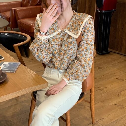 Lace Retro Casual Floral Printed Blouse Shirt