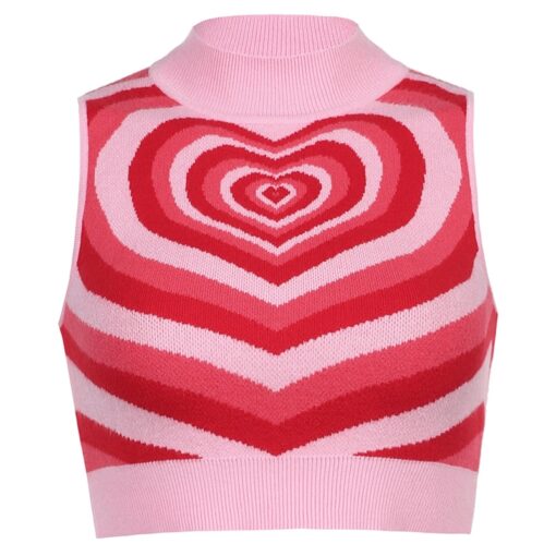 Heart Sleeveless Knitted Crop Top Soft Girl Sweater