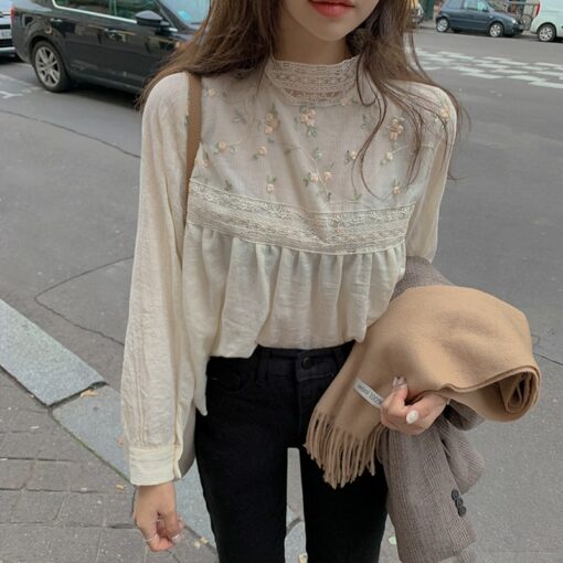 Elegant Lace Stand Collar Floral Embroidery Blouse Shirt