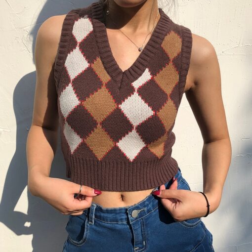 Brown Argyle Vintage Soft Girl Preppy Style Crop Knit Sweater