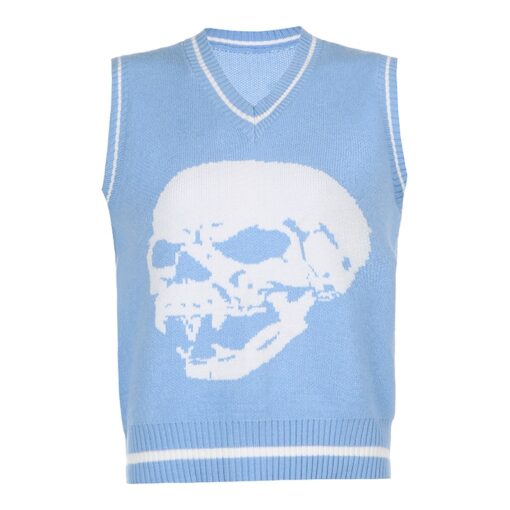 Soft Girl Skull Print Sleeveless Preppy Style Knitted Sweater (Many Colors)