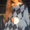 Soft Girl Argyle Preppy Style Casual Knitted Loose Sweater