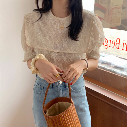 Lapel Embroidery Lace Cute Blouse Softie Shirt