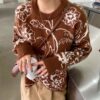 Retro O-Neck Knitwear Floral Printing Sweater