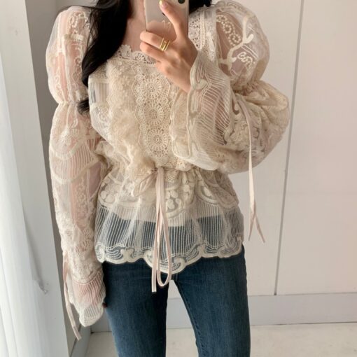 Lace Mesh Puff Long Sleeve Square Collar Blouse Shirt
