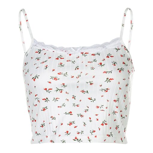 Cute Soft Girl Floral Printed Knitted Spaghetti Strap Crop Top
