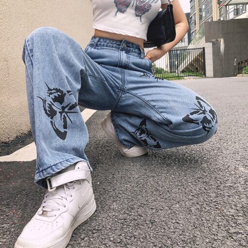 Soft Girl Streetwear Butterfly Printed Straight Jean
