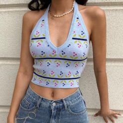 Floral Print Sleeveless Halter Knitted Crop Top
