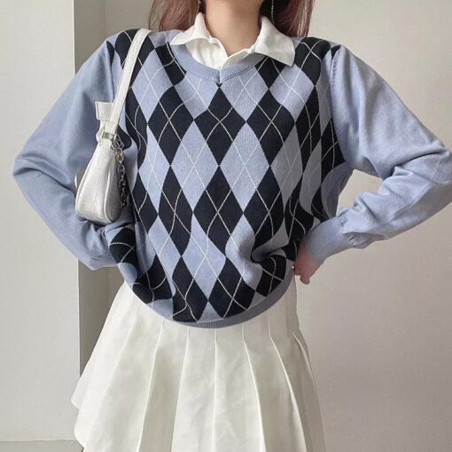 Casual Plaid Argyle Style Vintage Knit Soft Girl Sweater