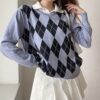 Casual Plaid Argyle Style Vintage Knit Soft Girl Sweater